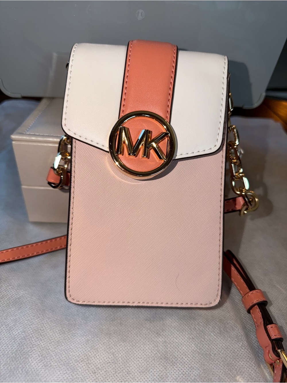Michael Kors Pink, White & Coral Leather Phone Crossbody with card slots